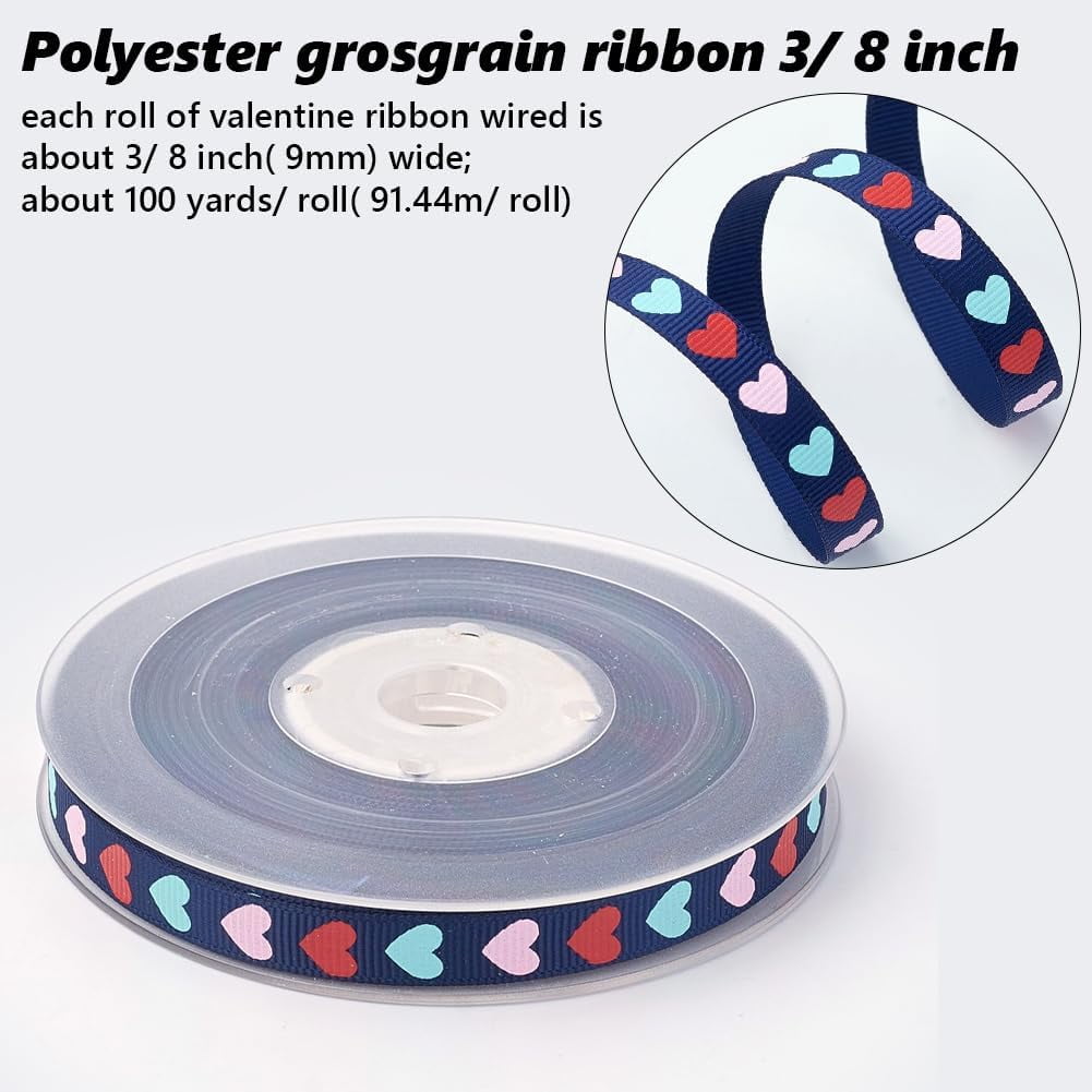 1roll Polyester Grosgrain Ribbon with Heart Printed Midnight Blue 3/8 inch(9mm) about 100yards/roll(91.44m/roll)