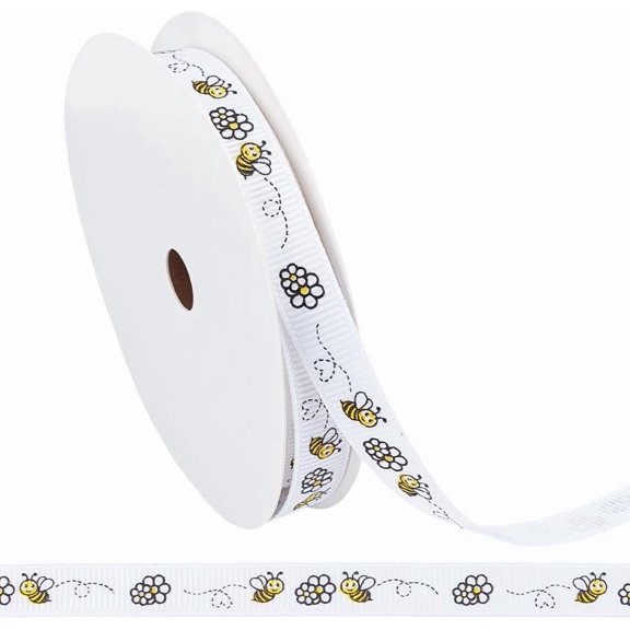 1roll Printed Polyester Ribbons Bees Pattern for Gift Decoration White 3/8 inch(9mm) 9.84 Yards(9m)/Roll DIY