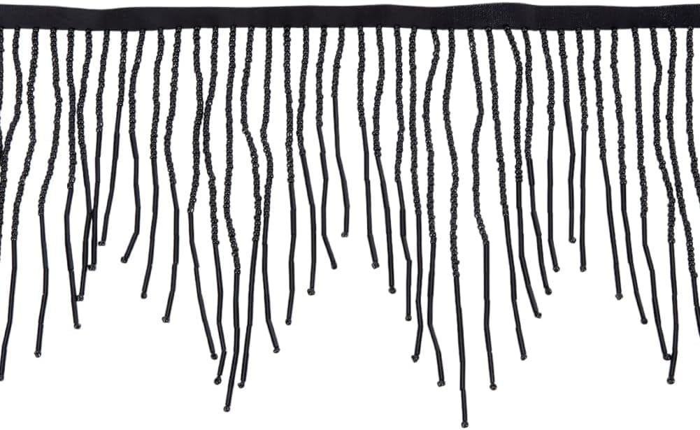 1set 1.8 Yards Glass Beads Fringe Tassel Lace Trim Ribbon Cotton Ribbon Clothing Accessories Black 5-1/2 inch(140mm)