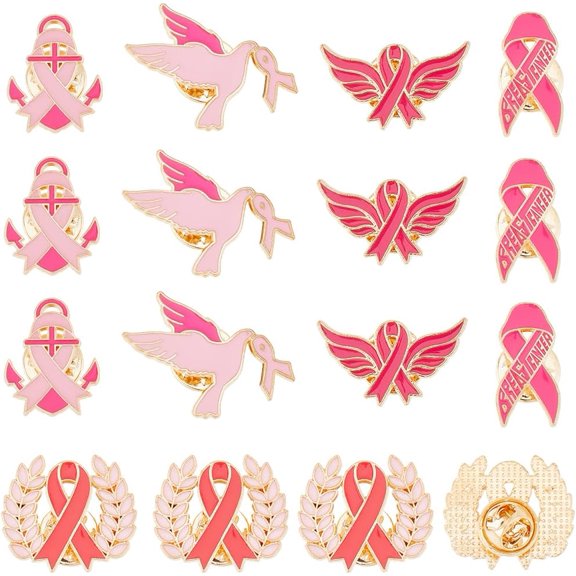 1set 1 Box 20Pcs 5 Styles Pink Ribbon Pin Breast Cancer Brooch Gold Metal Alloy Enamel Women Awareness Hope Lapel Pins Brooches for Fundraiser Public Charity Event Campaign Favors Accessories Pink