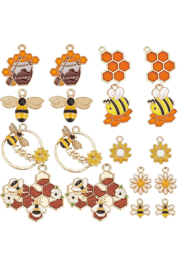 1set 1 Box 36Pcs 9 Styles Bee and Flower Charms Honey Charm Enamel Insect Plant Golden Honeycomb Honeybee Charm for Jewelry Making Charms DIY Keychain Bracelet Earrings Necklace Bangle Crafting DIY