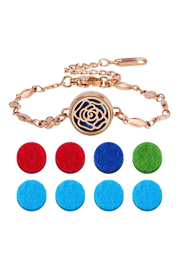 1set 1 Colors Stainless Steel Oval Link Bracelets Essential Oil Diffuser Bracelets for Women Flat Round with Rose Tree with Perfume Pads DIY