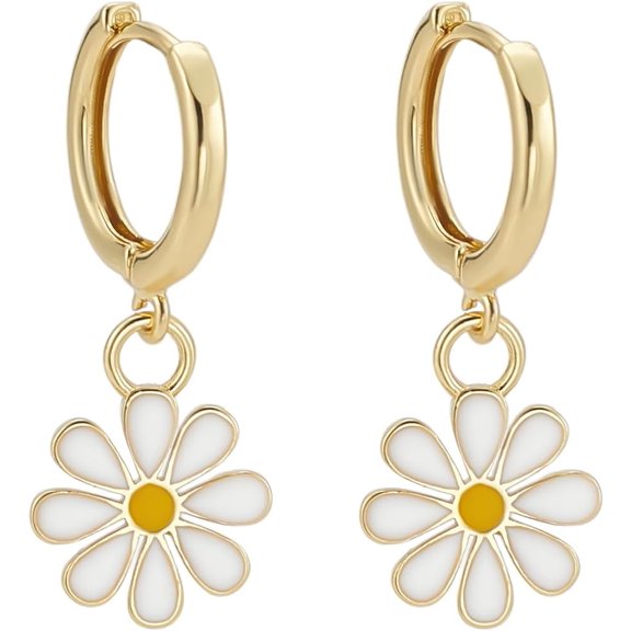1set 1 Pair Rack Plating Flower Brass Hoop Earrings with Enamel Long-Lasting Lead Free & Cadmium Free golden White 25x11.5mm