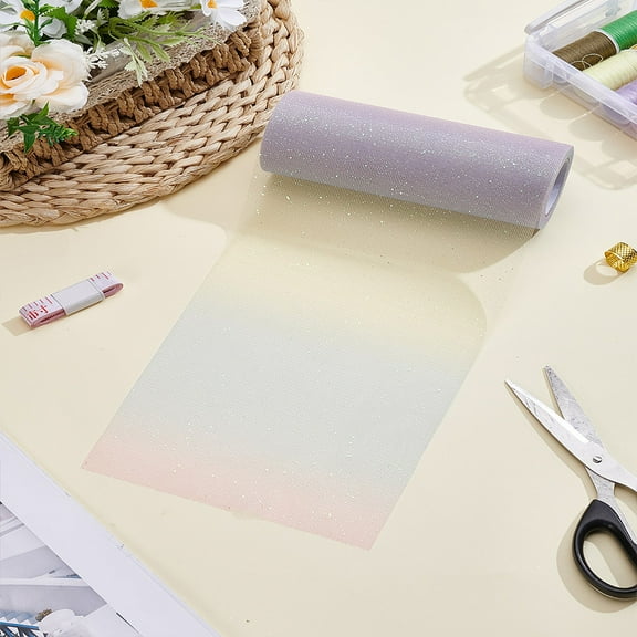 1set 1 Roll Polyester Deco Mesh Ribbons Rainbow Gradient color Glitter Tulle Fabric for Craft Gift Packaging Home Party Wall Decoration White 5-7/8 inch(150mm) about 10.00 Yards(9.14m)/set