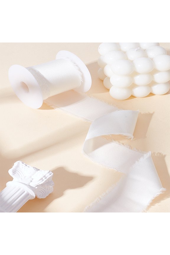 1set 1 Roll Polyester Frayed Fringe Ribbon Raw Edge Wedding Ribbon with Plastic Spool WhiteSmoke 1-3/8 inch(35mm) about 5.47 Yards(5m)/roll