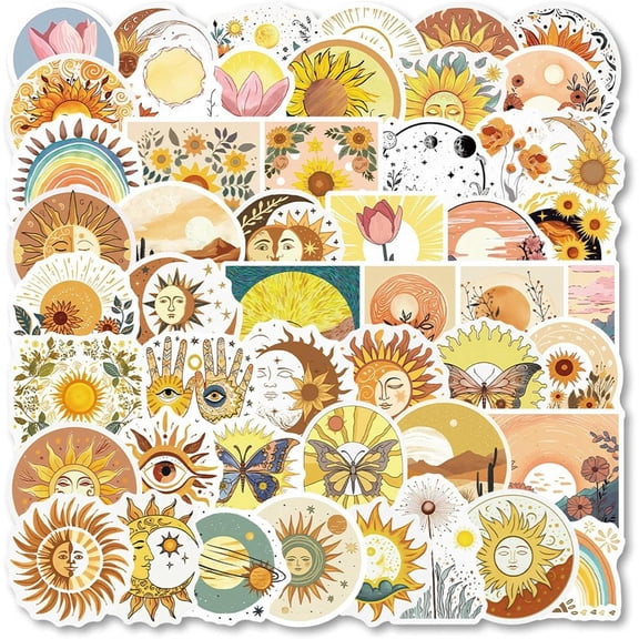 1set 1 Set 50Pcs Plant Theme PVC Self Adhesive Cartoon Stickers Waterproof Sun Decals for Laptop Bottle Luggage Decor Yellow 46~59.5x38.5~64.5x0.2mm