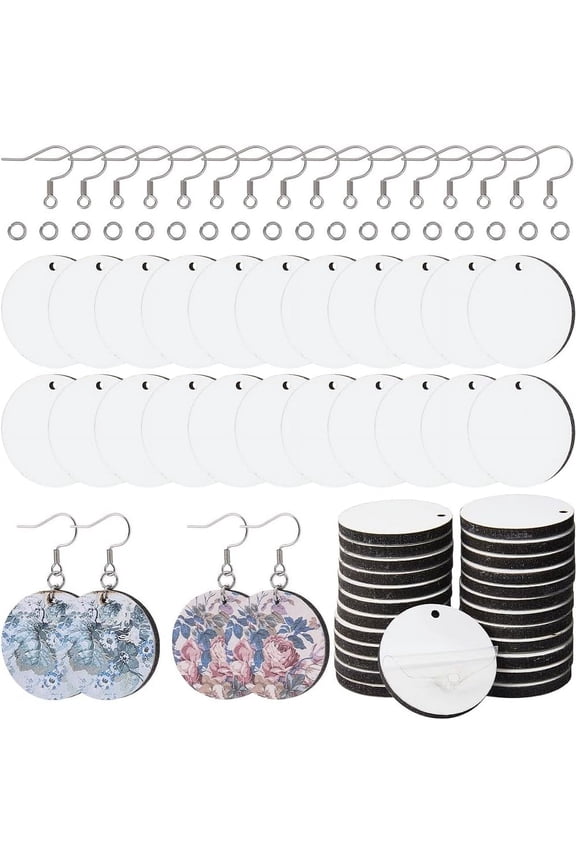 1set 1 box 120pcs Earring Sublimation Blanks Bulk Round White Wooden Earring Blanks with Earring Hooks and Jump Rings Heat Transfer Dangle Earrings Making Kits for Printing DIY Craft Supplies