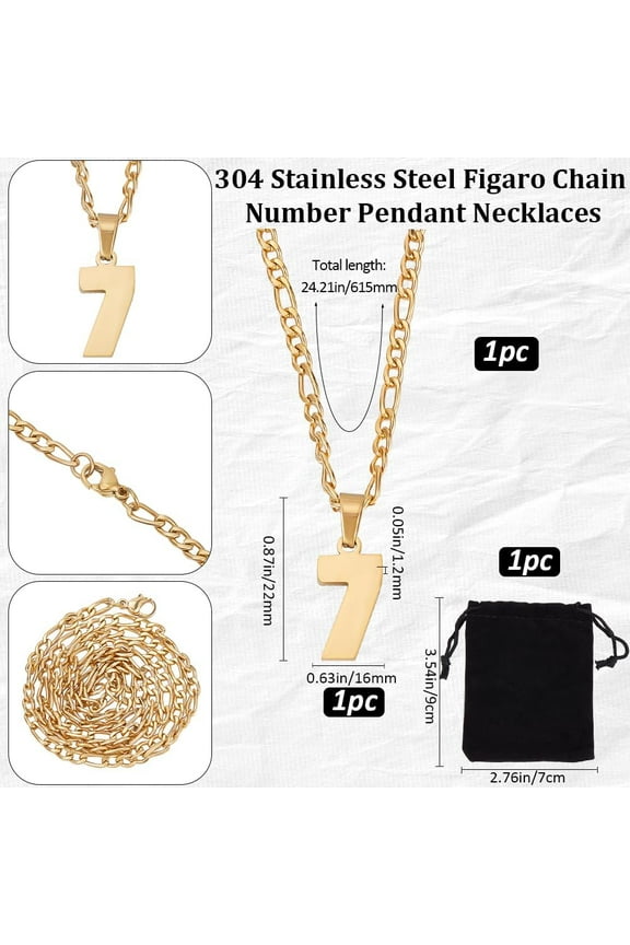 1set 1 box 1pc Number Necklace 304 Stainless Steel Chain Sports Necklaces with Velvet Pouches for Women Men (Number 7)