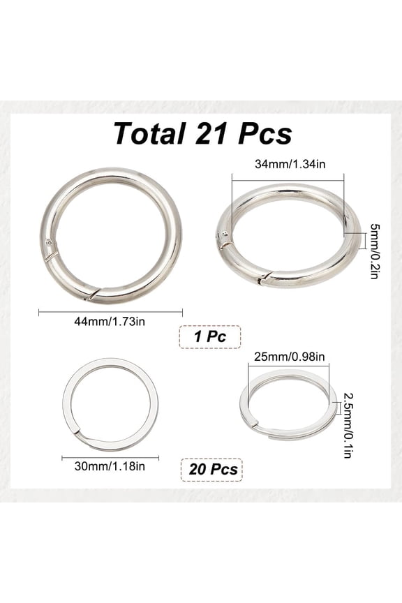 1set 1 box 21pcs Silver Heavy Duty Keychain Ring Stainless Steel Flat Key Rings Bulk Metal Alloy Round Split Strong O Keyring with Ring Clip for Keychains Jewelry Making Crafts Accessories