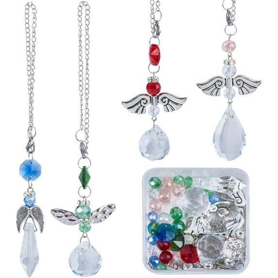 1set 1 box 4 sets Angel Car Charm Making Kit Angel Car Suncatchers Guardian Angel Wing Beads Lucky Car Hanging Ornament Glass Hanging for Car Mirror Window Home Decoration