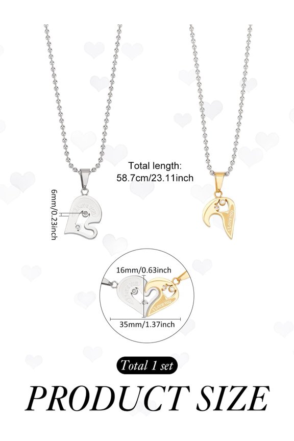 1set 1 set Stainless Steel Couple Heart Ball Chain Necklaces for Women Men Golden & Stainless Steel color 23.11 inch(58.7cm)