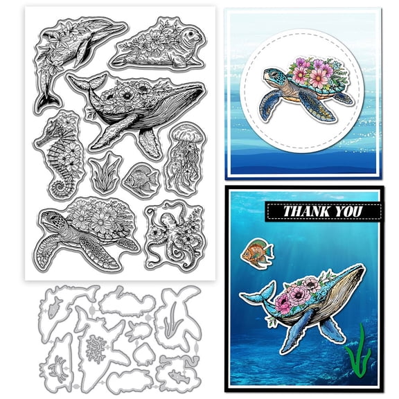 1set 1 sheet Sea Animals Theme PVC Plastic Stamps with 1pc Carbon Steel Cutting Dies Stencils for DIY Scrapbooking Photo Album Decorative Embossing Paper Card Mixed Shapes Stamp: 160x110x3mm
