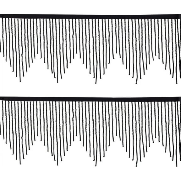 1set 1 yard Polyester Wavy Tassel Lace Ribbon with Glass Beads Black 2-1/2~3-1/2 inch(65~90mm)