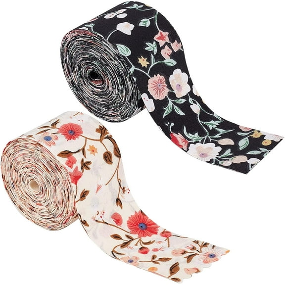 1set 10 Yards 2 Colors Double-Sided 1.5 Inch Width Floral Print Trim Grosgrain Ribbon Tape Burlap Wired Edge Flower Spring Summer Fabric Decorative Craft Ribbon for Gift Wrapping Home Decor
