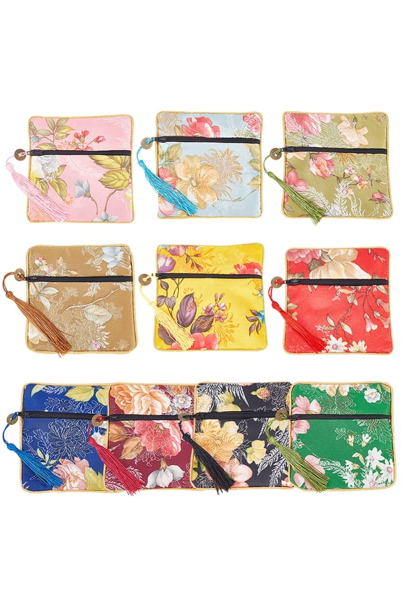 1set 10 colors Jewelry Silk Zipper Purse Pouches 4.5" Vintage Square Cloth Bags Flower Gift Pouches with Tassel Zipper Chinese style Silk bag Coin Purses for Jewelry Bracelet Necklace 10pcs