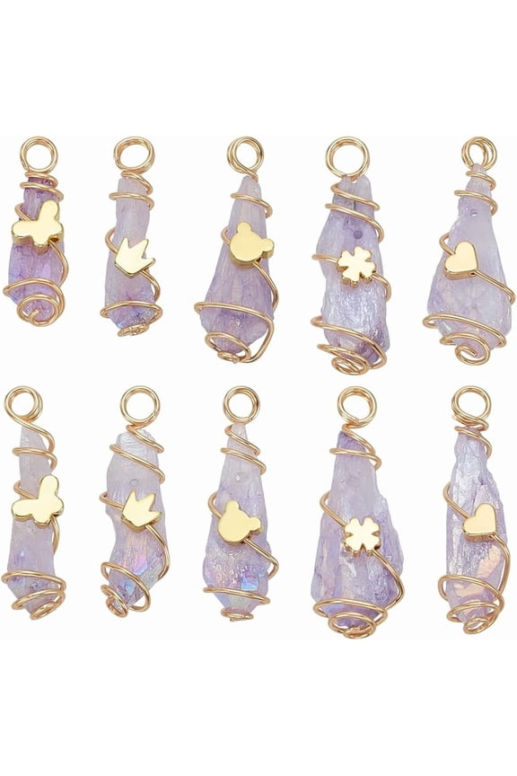 1set 10 pcs Copper Wire Wrapped Natural Stone Charms 5 Styles Natural Quartz Pendant with Brass Decor Beads 18K Gold Electroplated Irregularly Quartz Crystals Pendants Lilac