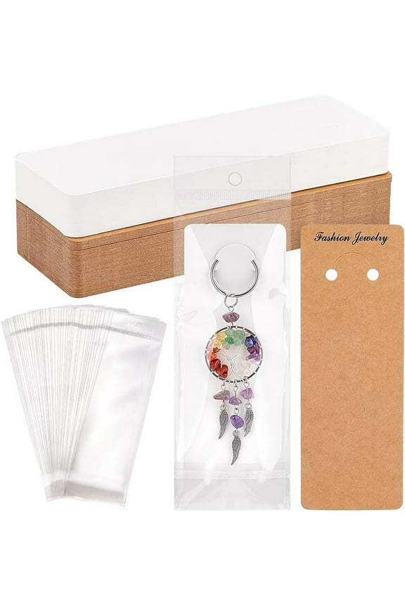 1set 100 Sets Keychain Display Cards with Self-Sealing Bags 5.9x2 Inch Long Keychain Cards Holder Paper Keyring Display Holder for Displaying Keyring Keychains Packaging White/Brown
