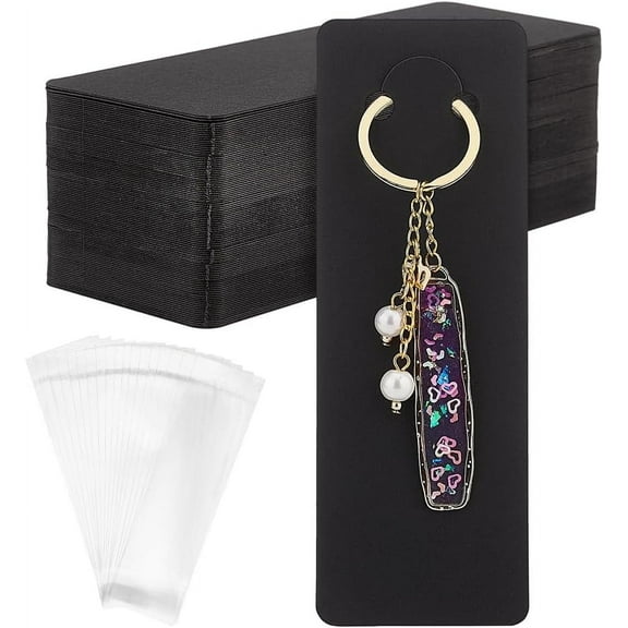 1set 100 Sets Long Keychain Display Cards with Self-Sealing Bags 5.9x2 Inch Black Paper Keyring Display Holder Keychain Cards Holder for Displaying Keyring Keychains Jewelry Packaging