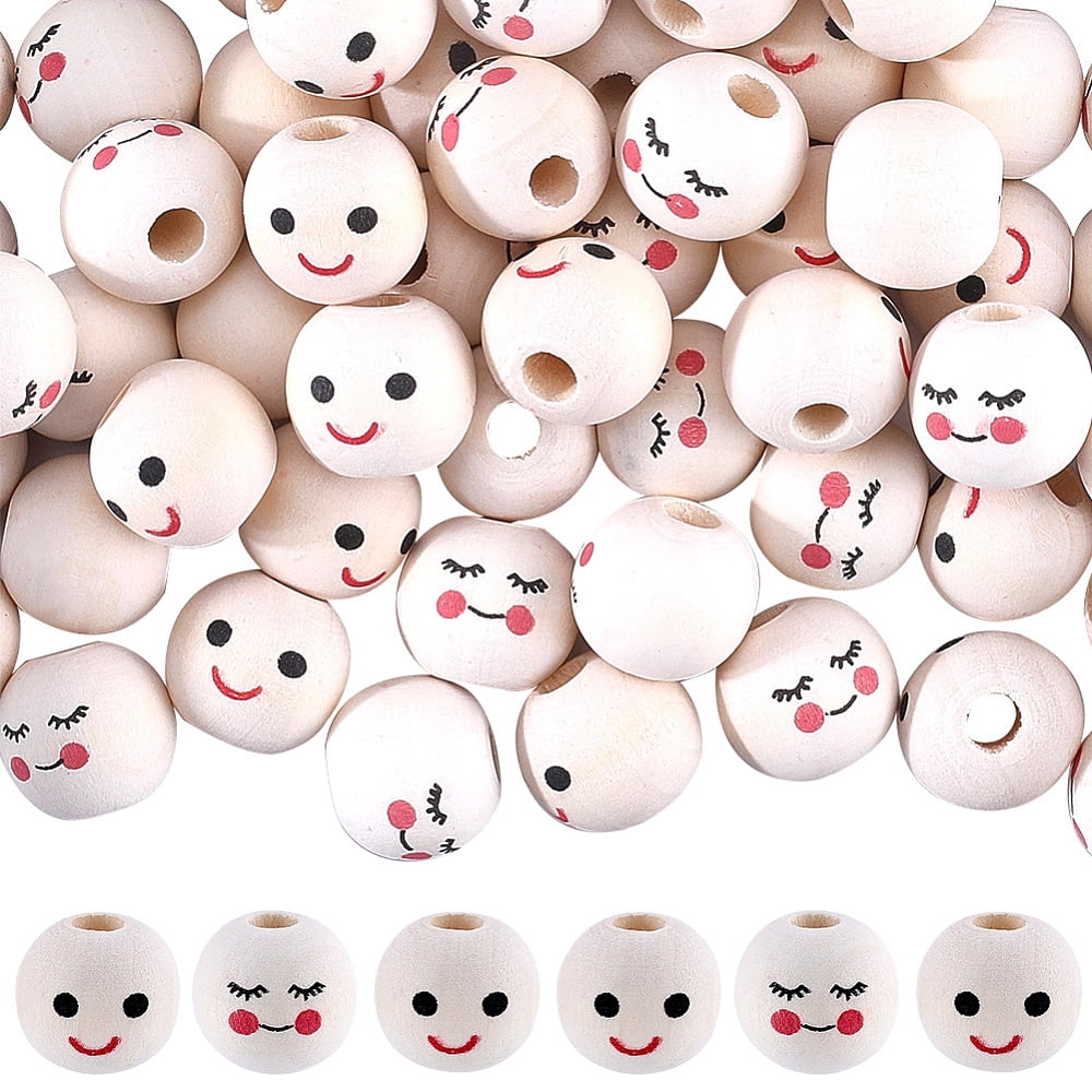 1set 100Pcs 2 Styles Maple Wood European Beads Printed Large Hole Beads ...