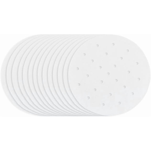 1set 100Pcs 8 Inch Parchment Paper Steamer Liner Food Steamer Paper Flat Round Air Fryer Bamboo Dumpling Small Perforated Sum Buns Mat Liners Pads for Home Kitchen Restaurant Food Cooking White