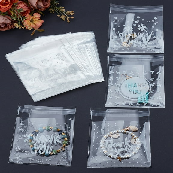 1set 100pcs 4 styles Thank You Plastic Cellophane Cookie Bags Bowknot Print Adhesive Sealing Top Bags for Bake Packaging Square Clear 10x10x0.01cm