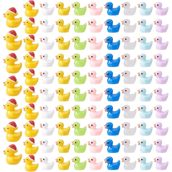 1set 100pcs Luminous Mini Ducks Yellow and White Tiny Ducks Christmas Hat Resin Duck Mini Resin Animal for Fairy Garden Miniature Landscape Tabletop Cake Potted Plants Decor Mixed color 25x19x28mm