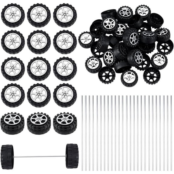 1set 100pcs Plastic Wheels with 50pcs Iron Model Wheel Axle Wheels Accessories Black 42x18.5mm Hole: 2mm