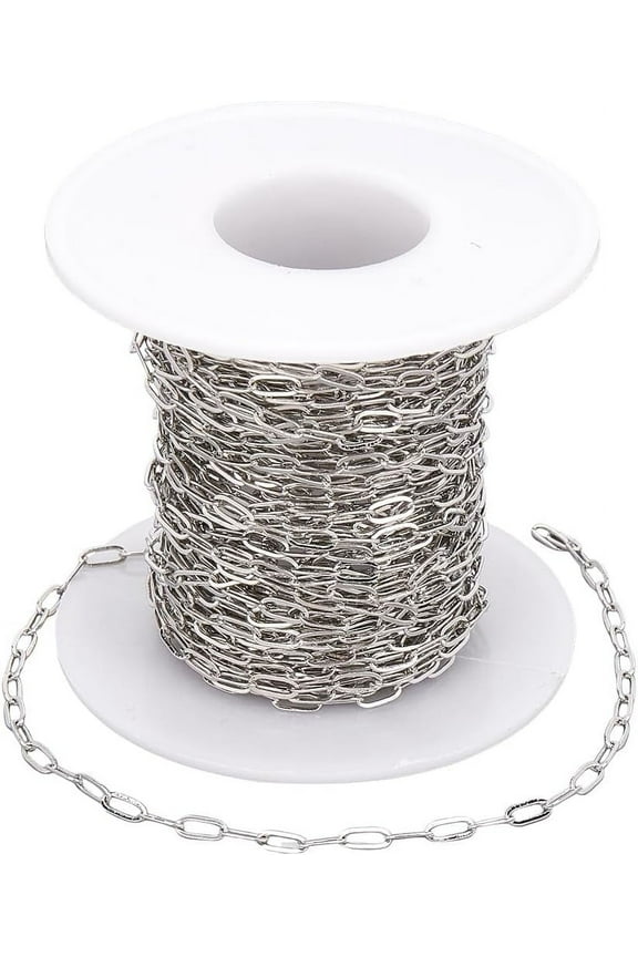 1set 10M/32.8 Feet Silver Paper Clip Chain Bulk Brass Cable Chain with Spool Drawn Elongated Oval Paperclip Soldered Roll Link Connector Chains for Jewelry Making Necklaces Bracelets DIY Crafts