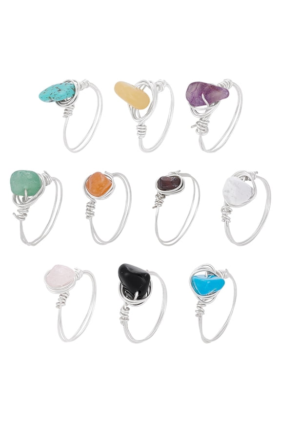 1set 10Pcs 10 Styles Natural Gemstone Finger Rings Copper Wire Wrapped Rings Inner Diameter: 17mm 1pc/style