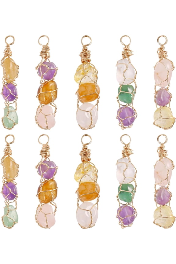 1set 10Pcs 5 Styles Gemstone Wire Wrapped Charm Mixed Gemstone Copper Wire Wrapped Natural Gemstone Pendants Charms Dangle Pendants for Jewelry Making DIY Craft Gold