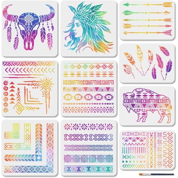 1set 10pcs 10 styles Tribe Theme PET Hollow Out Drawing Painting Stencils for Scrapbook Photo Album Mixed Shapes 297~300x210~300mm 1pc/style