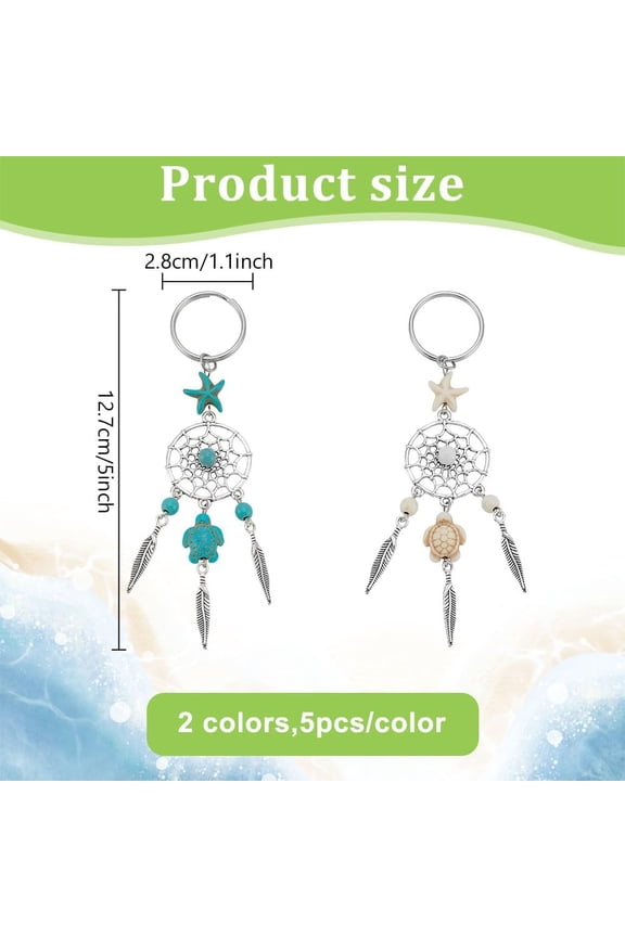 1set 10pcs 2 colors Woven Net/Web with Feather Alloy Keychain with Turquoise Beads Iron Key Rings Sea Turtle/Starfish Mixed color 12.7cm 5pcs/color