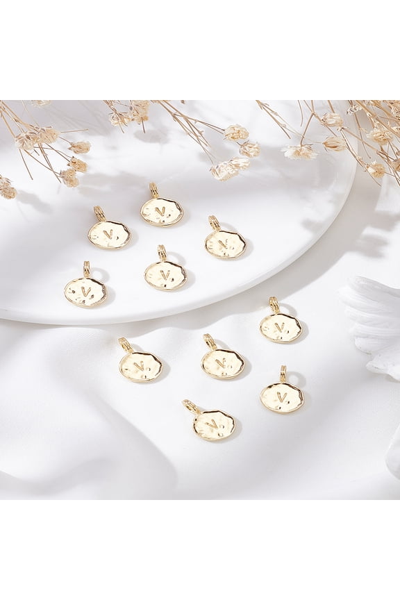 1set 10pcs Alloy Pendants Cadmium Free & Nickel Free & Lead Free Flat Round with Alphabet golden Letter V 17x11.5x1.5mm Hole: 2.5mm 1set