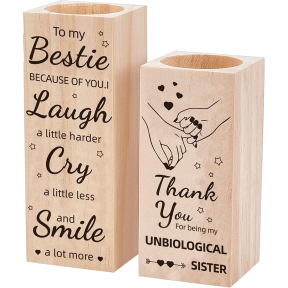 1set 2 pcs/Set to Bestie Personalized Tealight Candle Holder Laugh Cry Candle Holder Natural Wooden Decorative Candle Holder Set Birthday Gift Home Decoration no Tealight