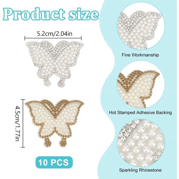 1set 10pcs Butterfly Hotfix Rhinestone Iron on/Sew On Patches Imitation Pearl Hot Melt Adhesive Cloth Appliques White 45x52x3mm
