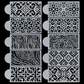1set 10pcs Cake Decorating Stencils Baking Template Stencils Reusable 3D Cake Side Stencil Floral Lace Pattern Vine Plastic Embossing Stencils for Birthday Wedding Buttercream Dessert DIY Craft