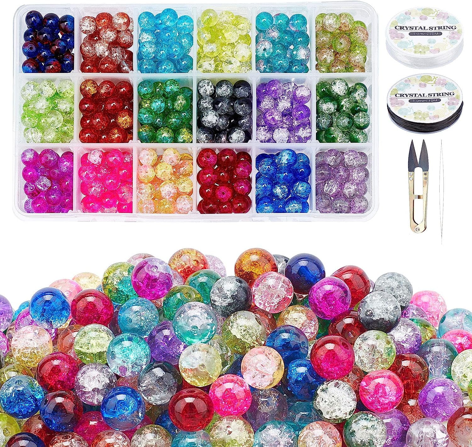 8mm Glass Beads 630pcs 18 Colors Beads for Jewelry Making with Scissors Elastic Thread Beading Needles for Christmas Tree Decoration