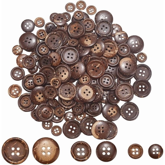 1set 11.5MM 15MM 20MM 3 Style 150PCS 4 Hole Coconut Shell Brown Vintage Wood Buttons Flat Round Shape Rustic Natural Wooden Retro Button for Sewing Clothing Shirt Decorations Crochet DIY Crafts Brown