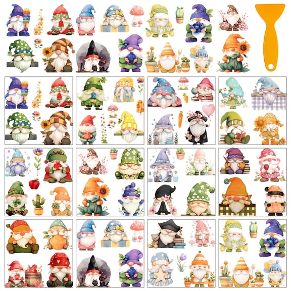 1set 12 Sheets 12 Style PVC Stickers Heat Transfer Film for Window Decoration Gnome 140x140mm 1 sheet/style DIY