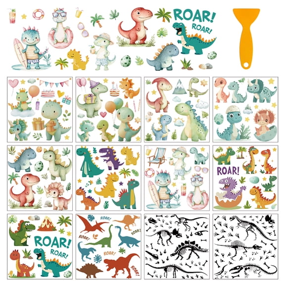 1set 12 Sheets 12 style PVC Stickers Heat Transfer Film for Window Decoration Dinosaur 140x140mm 1 sheet/style PVC
