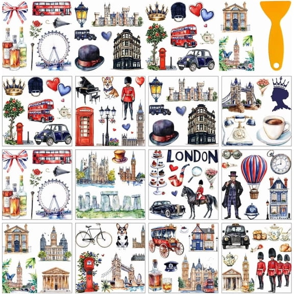 1set 12 Sheets Rub On Transfer Stickers with Scraper British Theme Stickers with London City City Attractions Royal Escort for BookstoreStudy Room School Window Decoration 5.5x5.5 colorful DIY