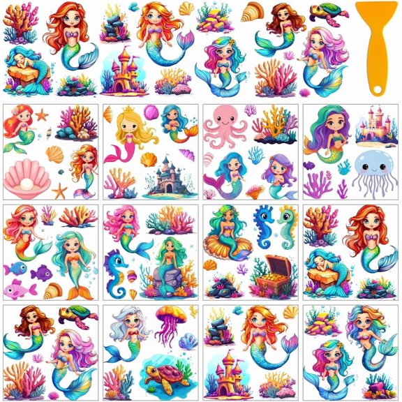1set 12 Sheets Rub On Transfer Stickers with Scraper Underwater World Stickers with Coral Castle Turtle for Bookstore Study Room Nursery School Window Decoration 5.5x5.5 colorful DIY
