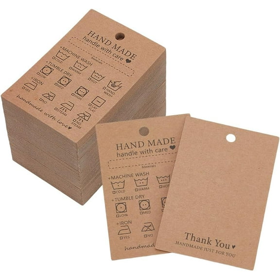 1set 120 pcs Handmade Fabric Washing Instructions Hang Tag 3x2inch Sandy Brown Kraft Paper Washing Price Tags Material Care Card Minimalist Washing Label for Shirt Beanies Knitted Quilts