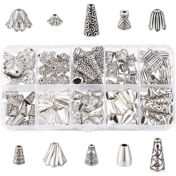 1set 120pcs 10 Styles Cone Bead Caps Metal End Caps Flower Bead Caps Tibetan Cones Caps Tassel End Beadings Findings Spacer Beads Caps for Bracelet Necklace Earring Crafts DIY Jewelry Making