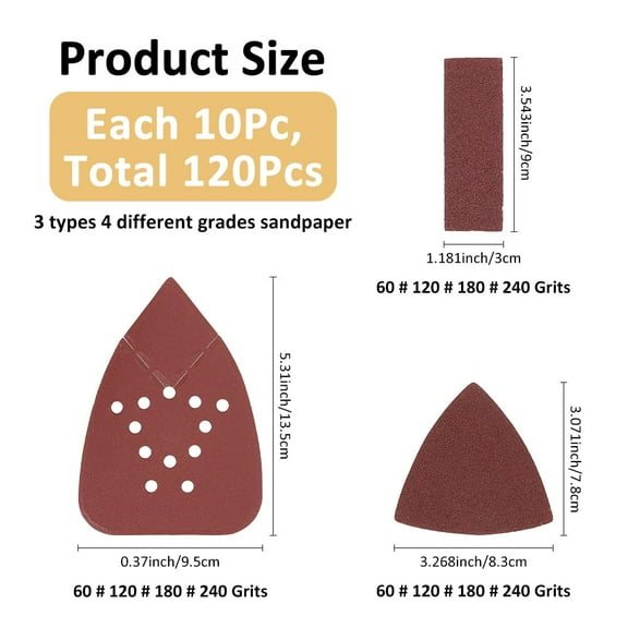 1set 120pcs 12 colors Sanding Polish Abrasive Disc Paper Polishing Grinding Tools Triangle/Rectangle Brown 7.8~13.5x3~9.5x0.06~0.2cm 10pcs/style