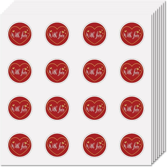 1set 128Pcs with Love Stickers with Gold Decal Red Labels Sticker for Scrapbooking Self-Adhesive Round Dot Stickers Gifts for Anniversary Valentine's Day Canning Mason Jar Decoration 2.5x2.5cm