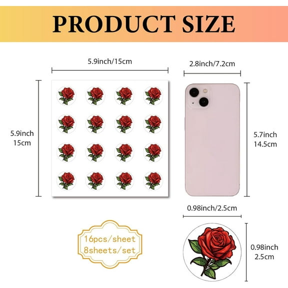 1set 128pcs 8 Sheets Red Roses Stickers Small Flower Sticker Self-Adhesive Plastic Waterproof Plant Decals Decor Plant Stickers for Scrapbooking Envelope Journaling Helmet Crafts 0.98Inch