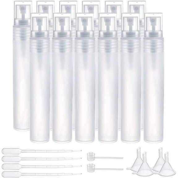 1set 12PCS 20ml Mini Plastic Spritzer Bottle Frosted Fine Mist Spray Tubes 2PCS Transfer Pumps 4PCS Funnels and 4PCS Pipettes for Perfume Lotion Liquids Clear