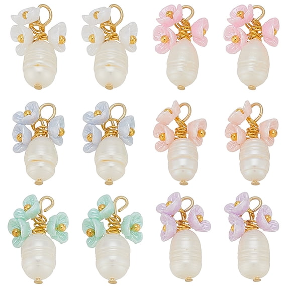 1set 12Pcs 6 Colors Resin Natural Pearl Pendant with 304 Stainless Steel Brass Findings Flower Mixed Color 18mm Hole: 2~2.8mm 2pcs/color