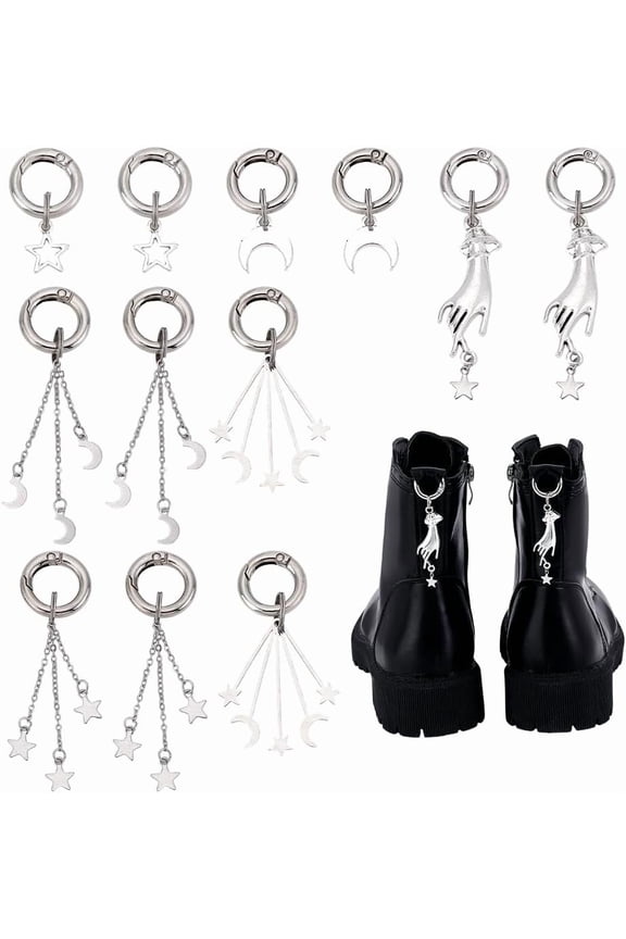 1set 12Pcs 6 Styles Moon Star Red Heart Gothic Charm Shoe Charms Shoes Decorations with Spring Rings Shoes Accessories for Party Boots Decorations Gray DIY